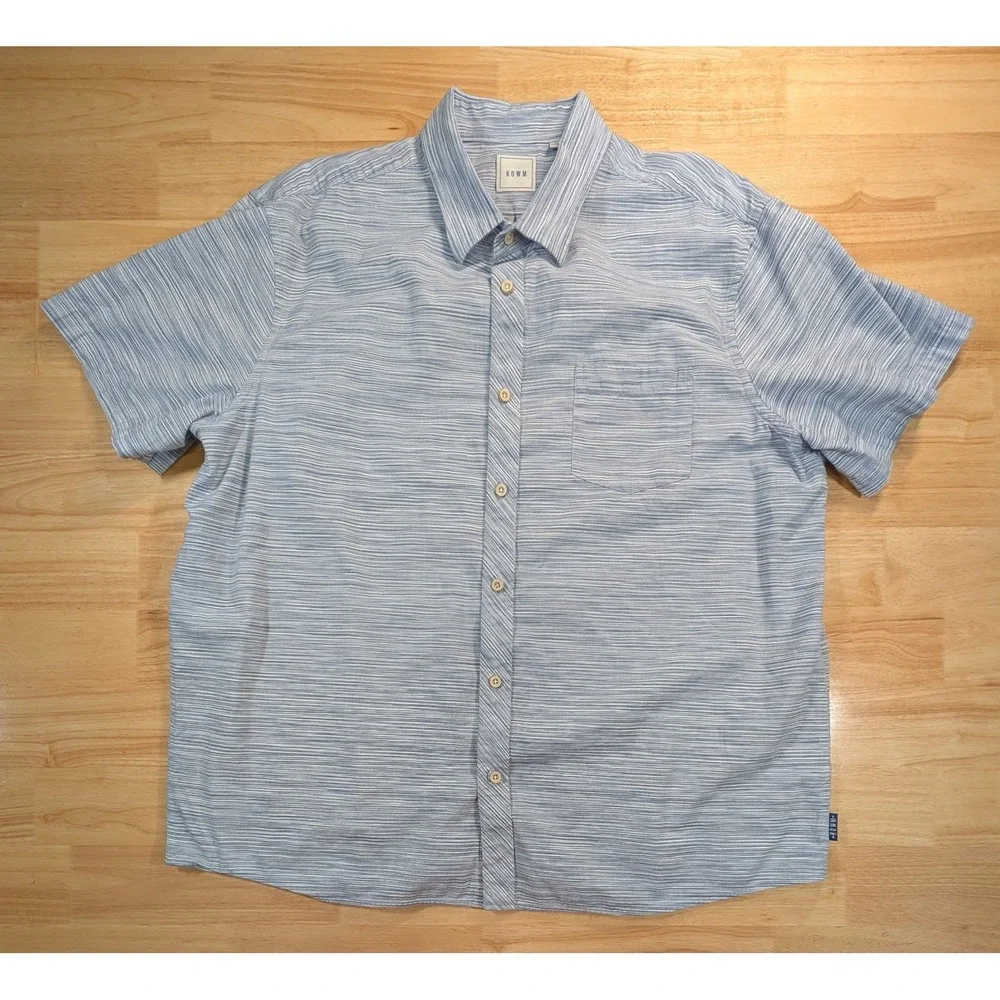 ROWM Mens XL Short Sleeve Button Front Shirt Blue White Slub Stripe Casual